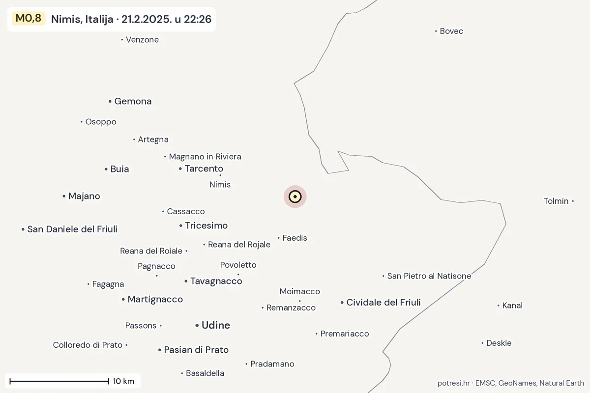 Karta: okolica epicentra, 60 km, potres M0,8, Nimis, Italija, 21.2.2025.