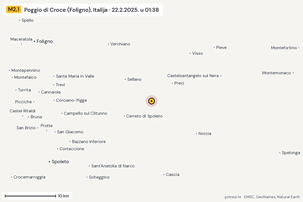 Karta: okolica epicentra, 60 km, potres M2,1, Poggio di Croce (Foligno), Italija, 22.2.2025.