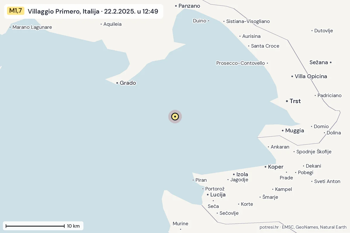 Karta: okolica epicentra, 60 km, potres M1,7, Villaggio Primero, Italija, 22.2.2025.