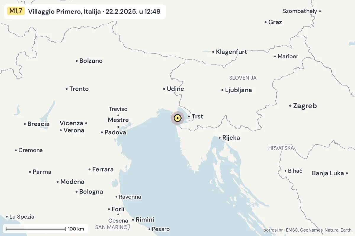 Karta: šire područje, 600 km, potres M1,7, Villaggio Primero, Italija, 22.2.2025.