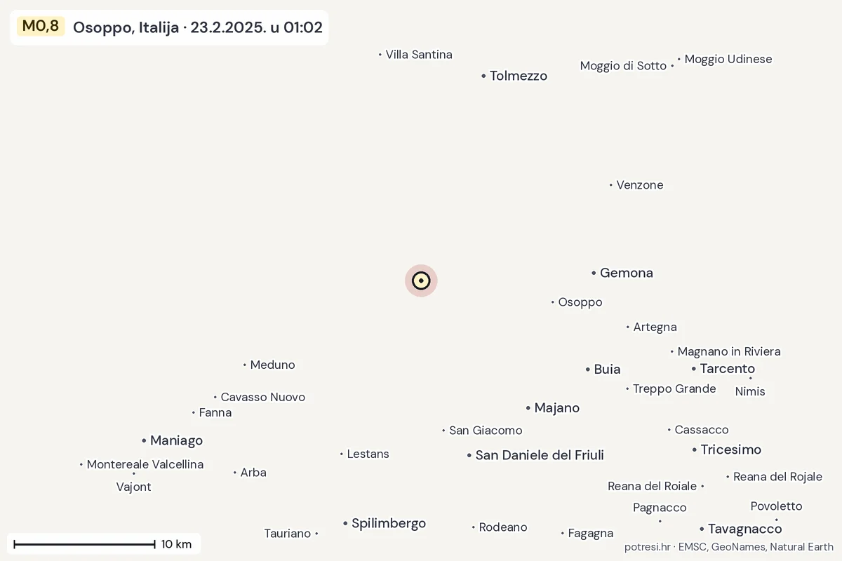 Karta: okolica epicentra, 60 km, potres M0,8, Osoppo, Italija, 23.2.2025.