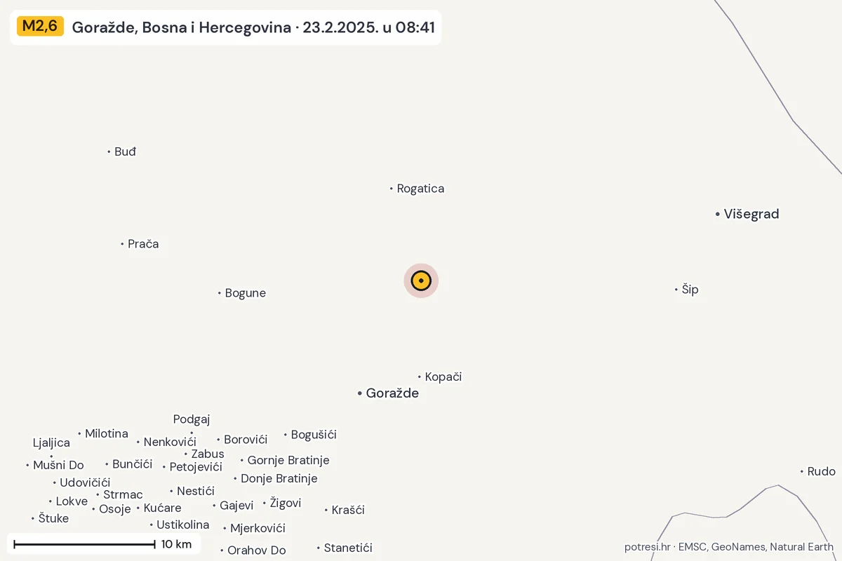 Karta: okolica epicentra, 60 km, potres M2,6, Goražde, Bosna i Hercegovina, 23.2.2025.