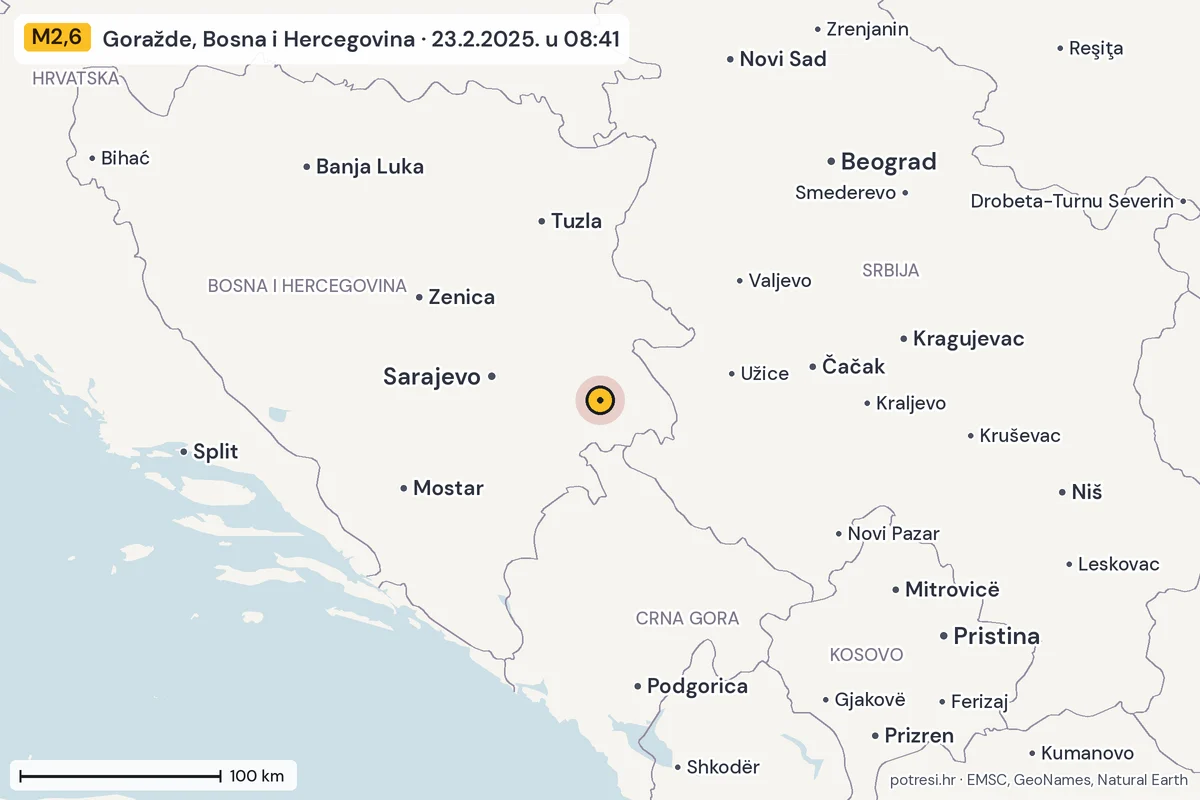 Karta: šire područje, 600 km, potres M2,6, Goražde, Bosna i Hercegovina, 23.2.2025.