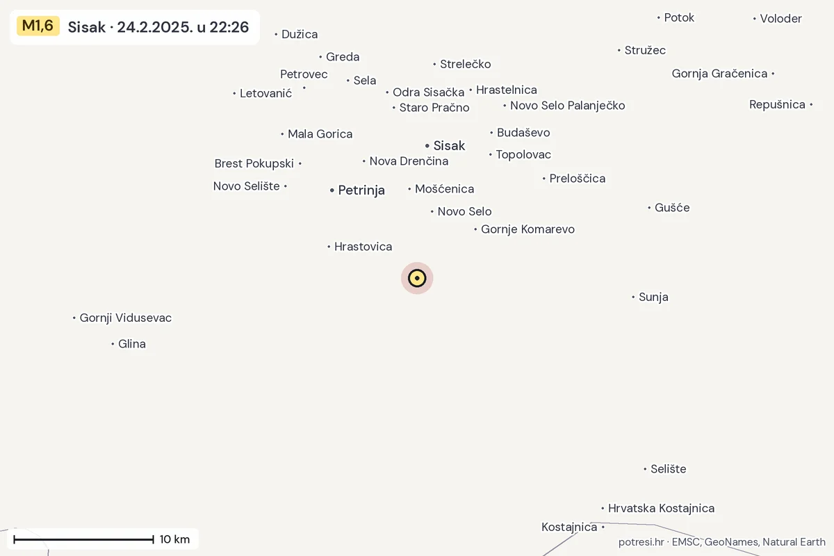 Karta: okolica epicentra, 60 km, potres M1,6, Sisak, 24.2.2025.