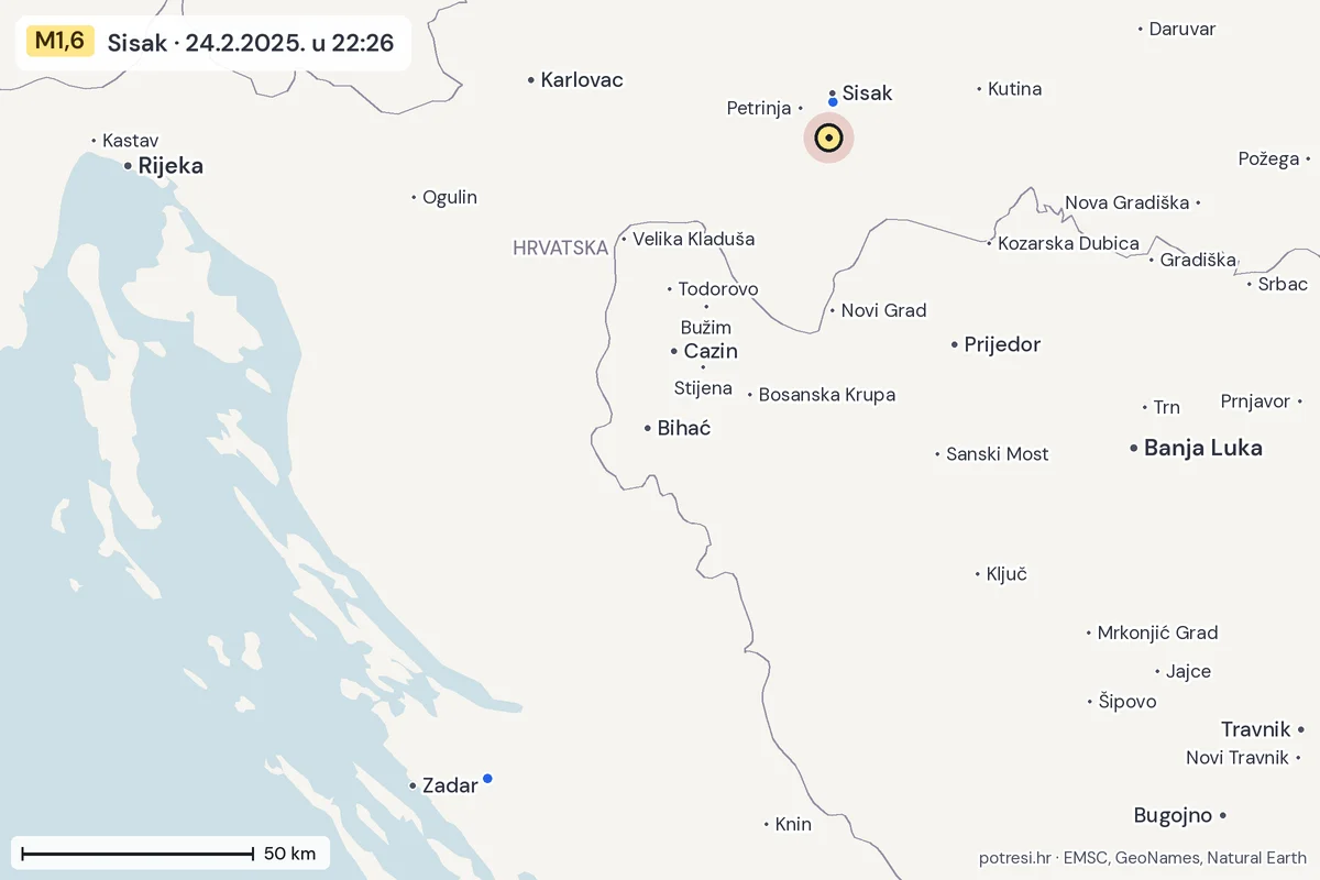 Karta: izvješća građana, potres M1,6, Sisak, 24.2.2025.