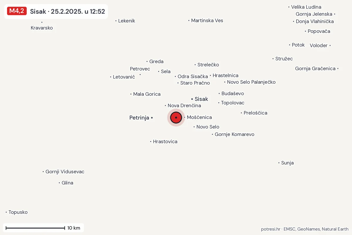 Karta: okolica epicentra, 60 km, potres M4,2, Sisak, 25.2.2025.