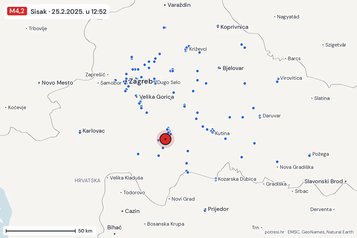 Karta: izvješća građana, potres M4,2, Sisak, 25.2.2025.