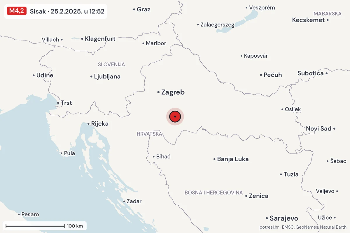 Karta: šire područje, 600 km, potres M4,2, Sisak, 25.2.2025.