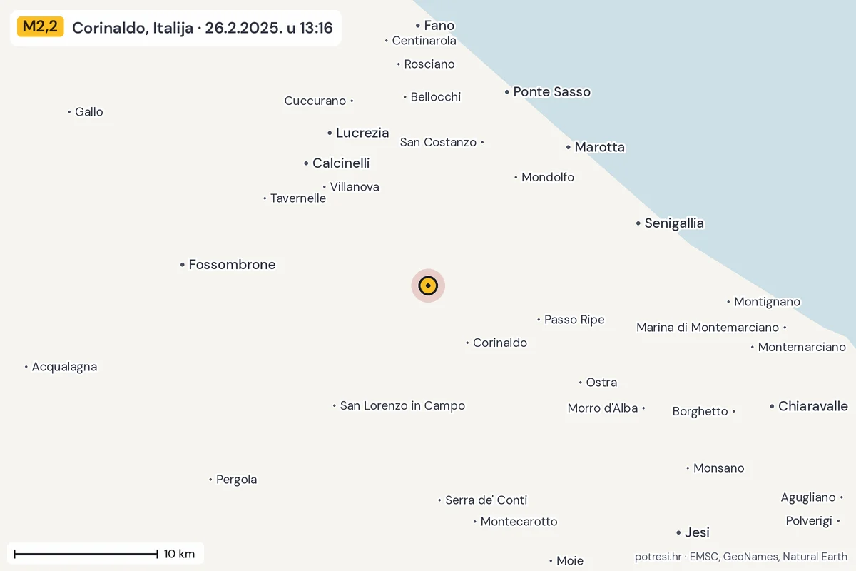 Karta: okolica epicentra, 60 km, potres M2,2, Corinaldo, Italija, 26.2.2025.