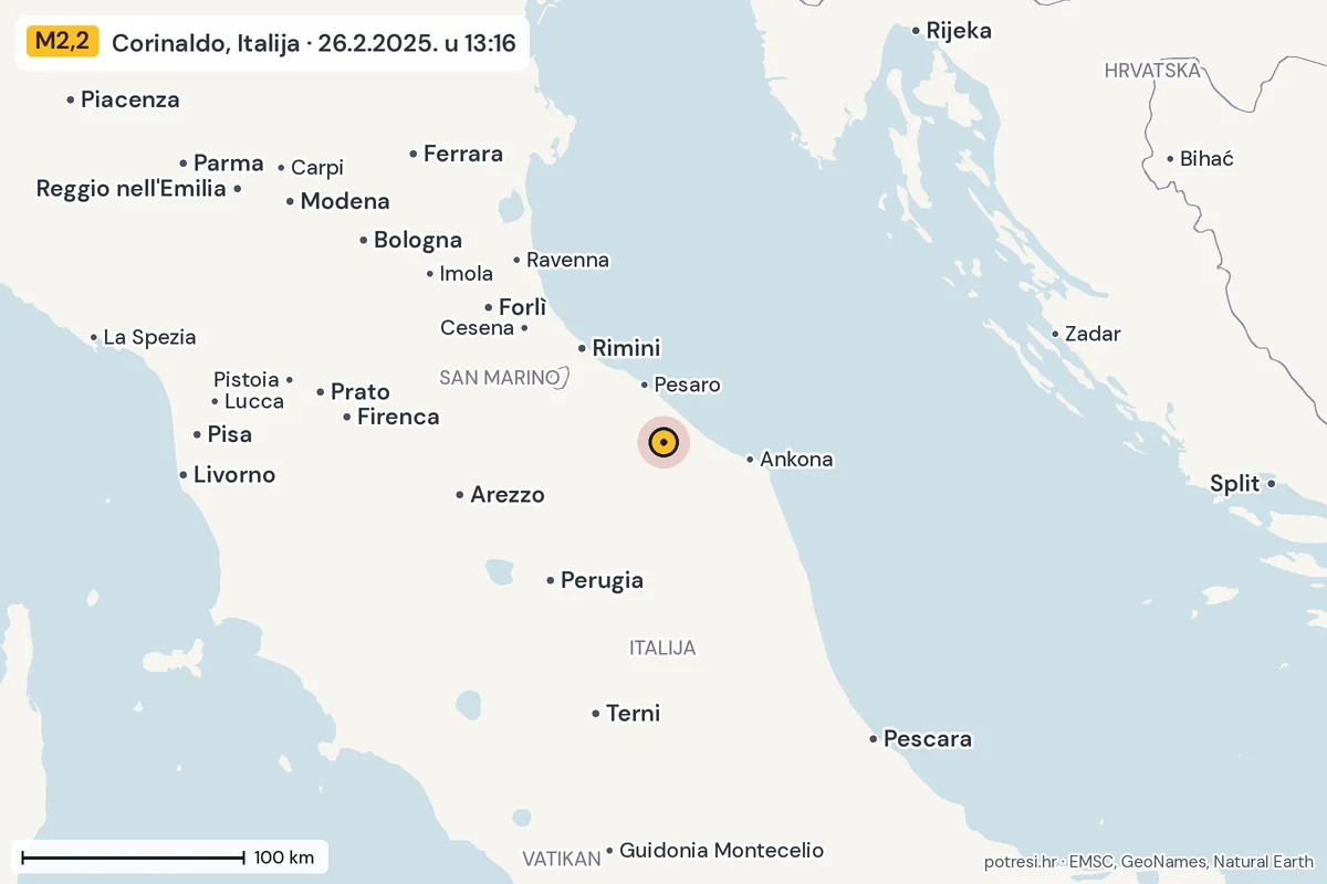Karta: šire područje, 600 km, potres M2,2, Corinaldo, Italija, 26.2.2025.