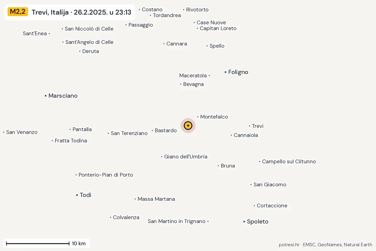 Karta: okolica epicentra, 60 km, potres M2,2, Trevi, Italija, 26.2.2025.