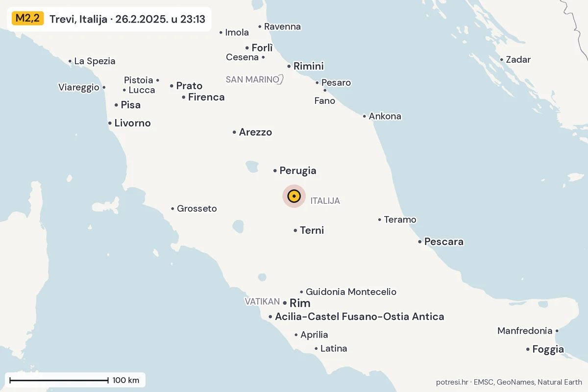 Karta: šire područje, 600 km, potres M2,2, Trevi, Italija, 26.2.2025.