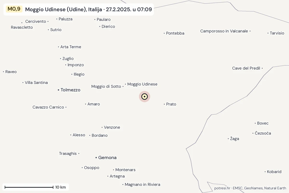 Karta: okolica epicentra, 60 km, potres M0,9, Moggio Udinese (Udine), Italija, 27.2.2025.