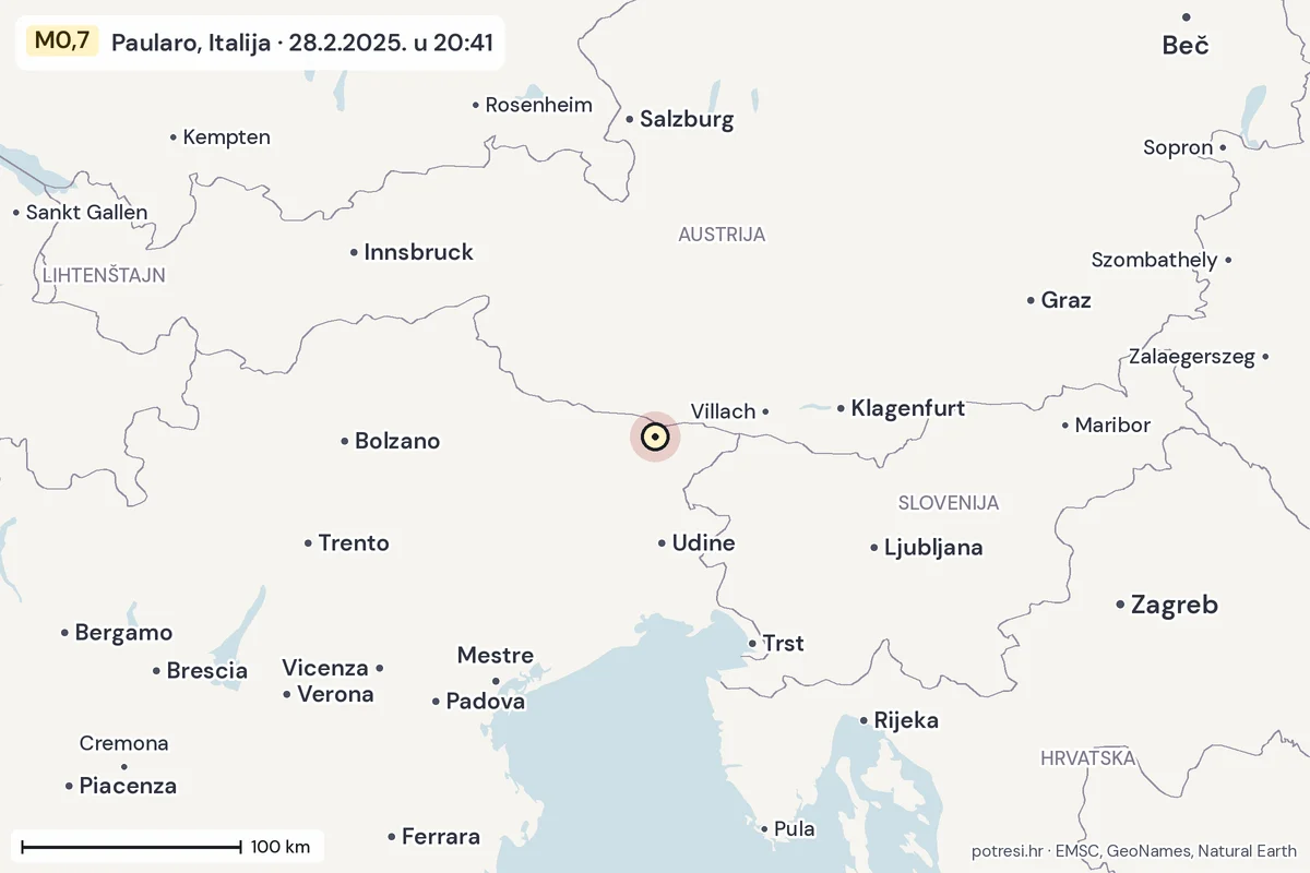 Karta: šire područje, 600 km, potres M0,7, Paularo, Italija, 28.2.2025.