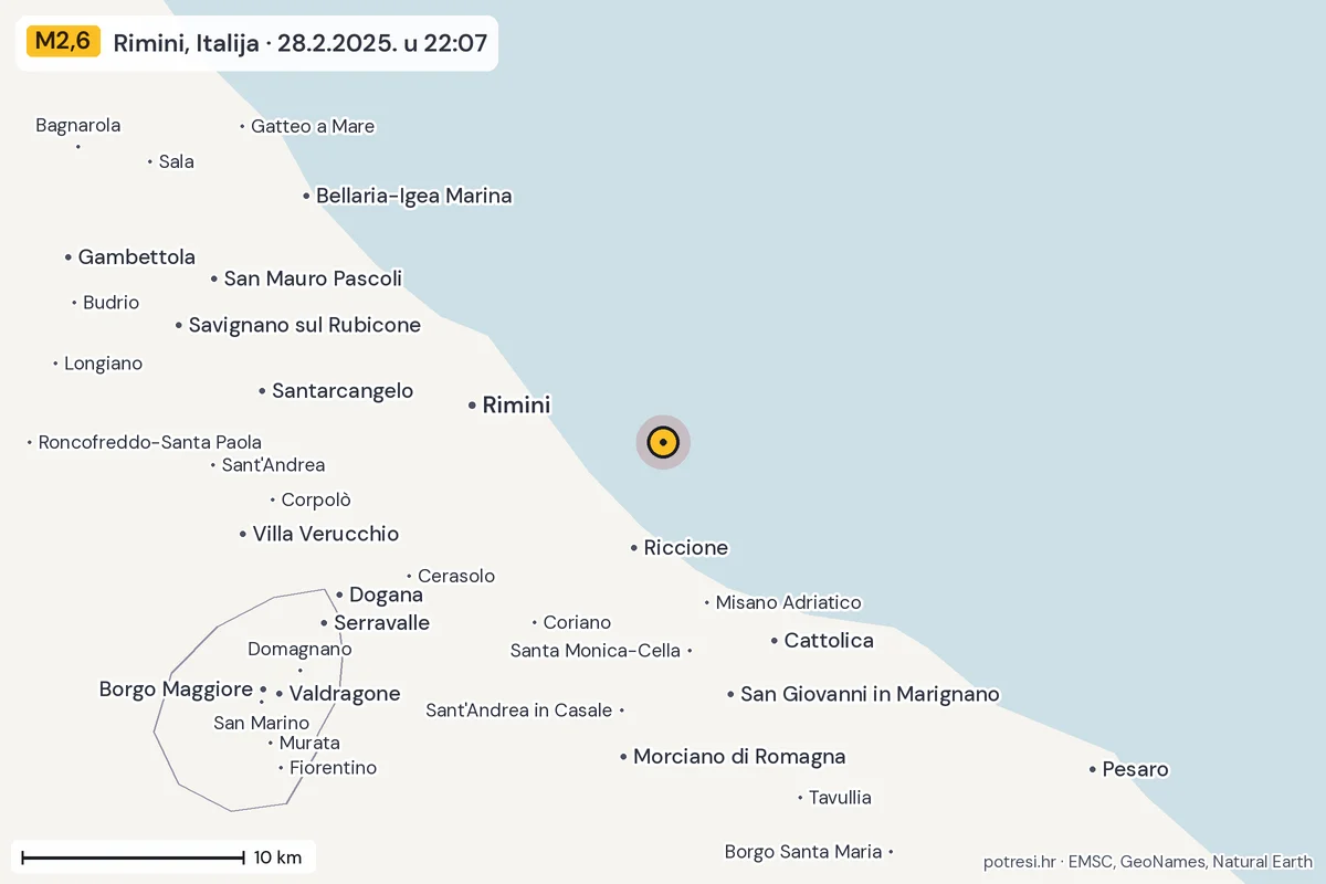 Karta: okolica epicentra, 60 km, potres M2,6, Rimini, Italija, 28.2.2025.