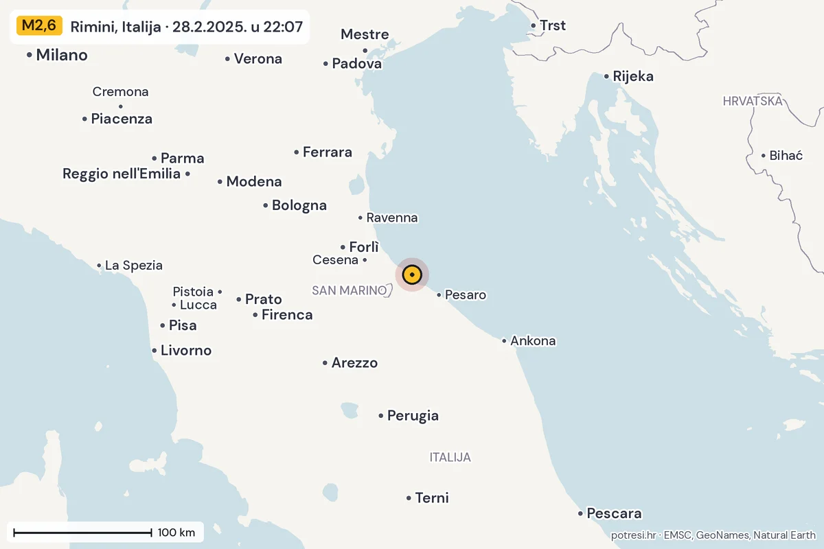 Karta: šire područje, 600 km, potres M2,6, Rimini, Italija, 28.2.2025.