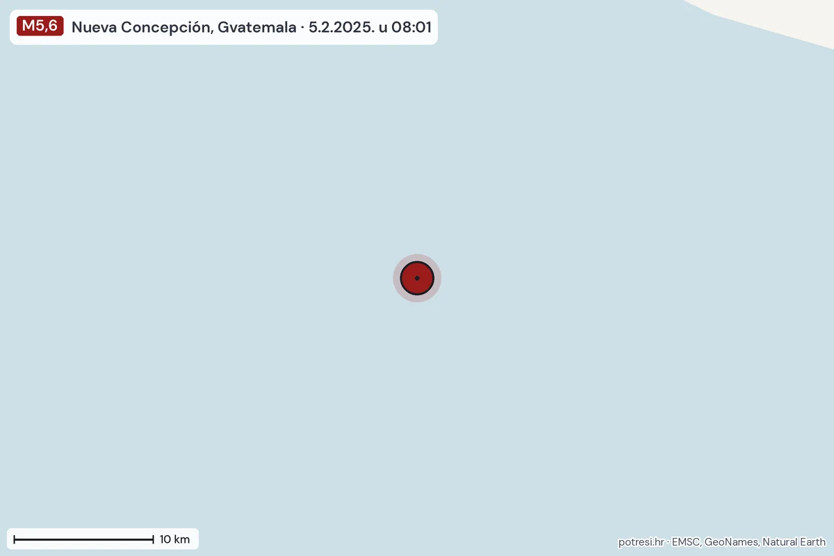Karta: okolica epicentra, 60 km, potres M5,6, Nueva Concepción, Gvatemala, 5.2.2025.
