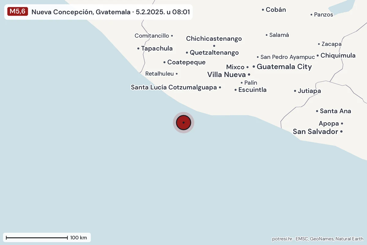 Karta: šire područje, 600 km, potres M5,6, Nueva Concepción, Gvatemala, 5.2.2025.