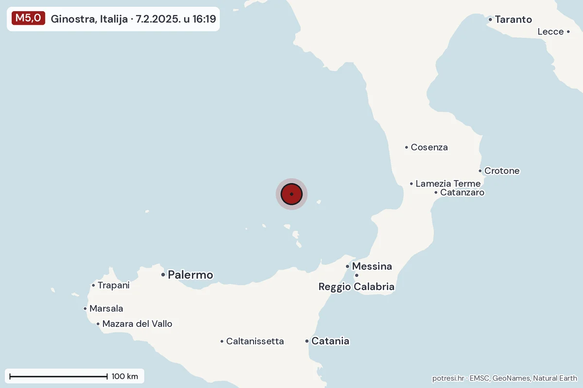 Karta: šire područje, 600 km, potres M5,0, Ginostra, Italija, 7.2.2025.