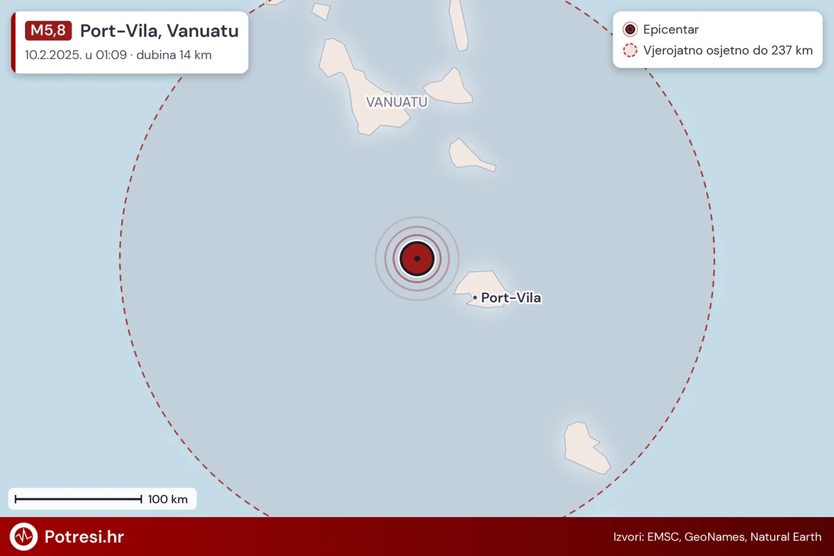 Karta: šire područje i vjerojatni doseg osjeta, potres M5,8, Port-Vila, Vanuatu, 10.2.2025.