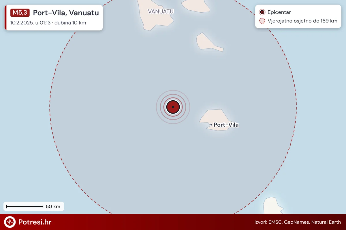 Karta: šire područje i vjerojatni doseg osjeta, potres M5,3, Port-Vila, Vanuatu, 10.2.2025.
