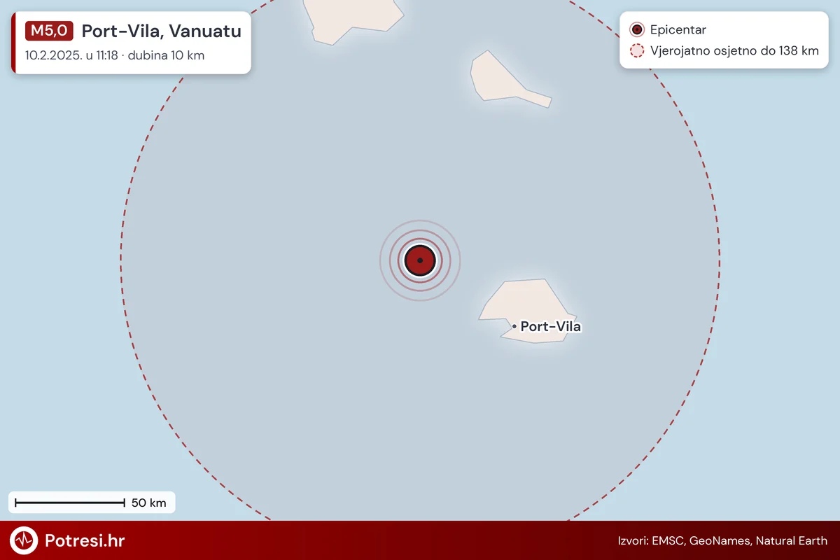 Karta: šire područje i vjerojatni doseg osjeta, potres M5,0, Port-Vila, Vanuatu, 10.2.2025.
