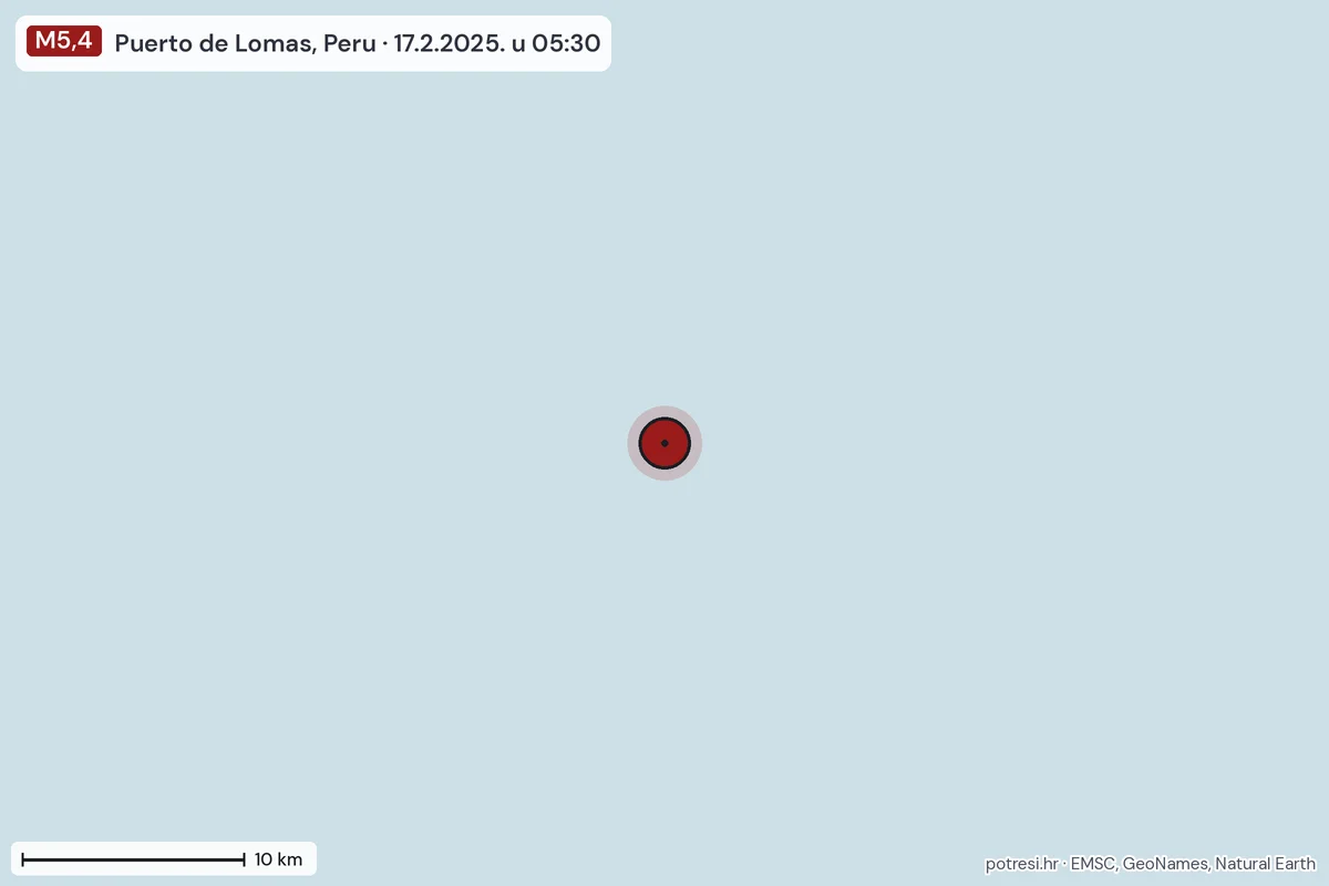 Karta: okolica epicentra, 60 km, potres M5,4, Puerto de Lomas, Peru, 17.2.2025.