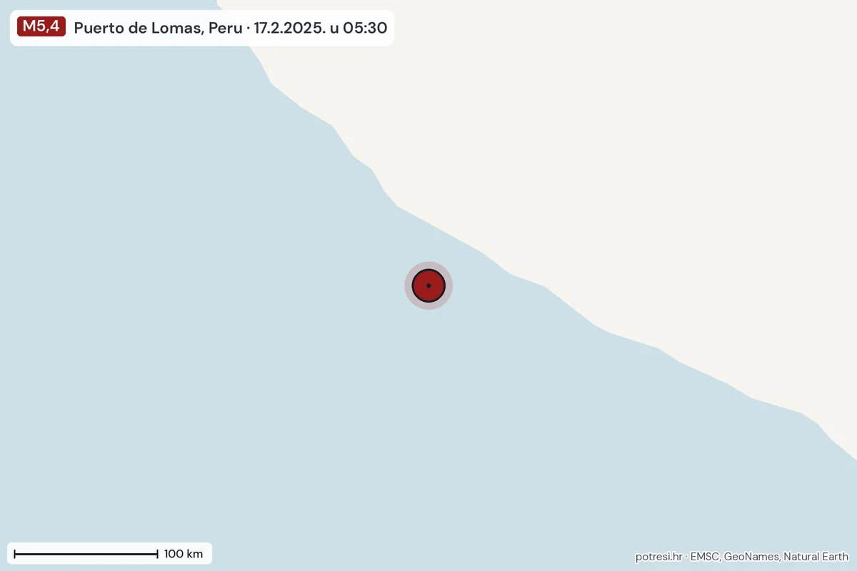 Karta: šire područje, 600 km, potres M5,4, Puerto de Lomas, Peru, 17.2.2025.