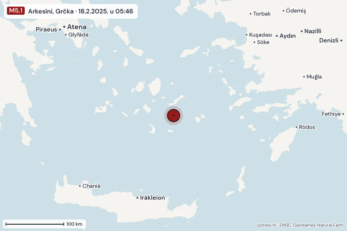 Karta: šire područje, 600 km, potres M5,1, Arkesíni, Grčka, 18.2.2025.