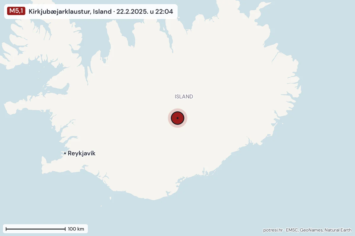 Karta: šire područje, 600 km, potres M5,1, Kirkjubæjarklaustur, Island, 22.2.2025.