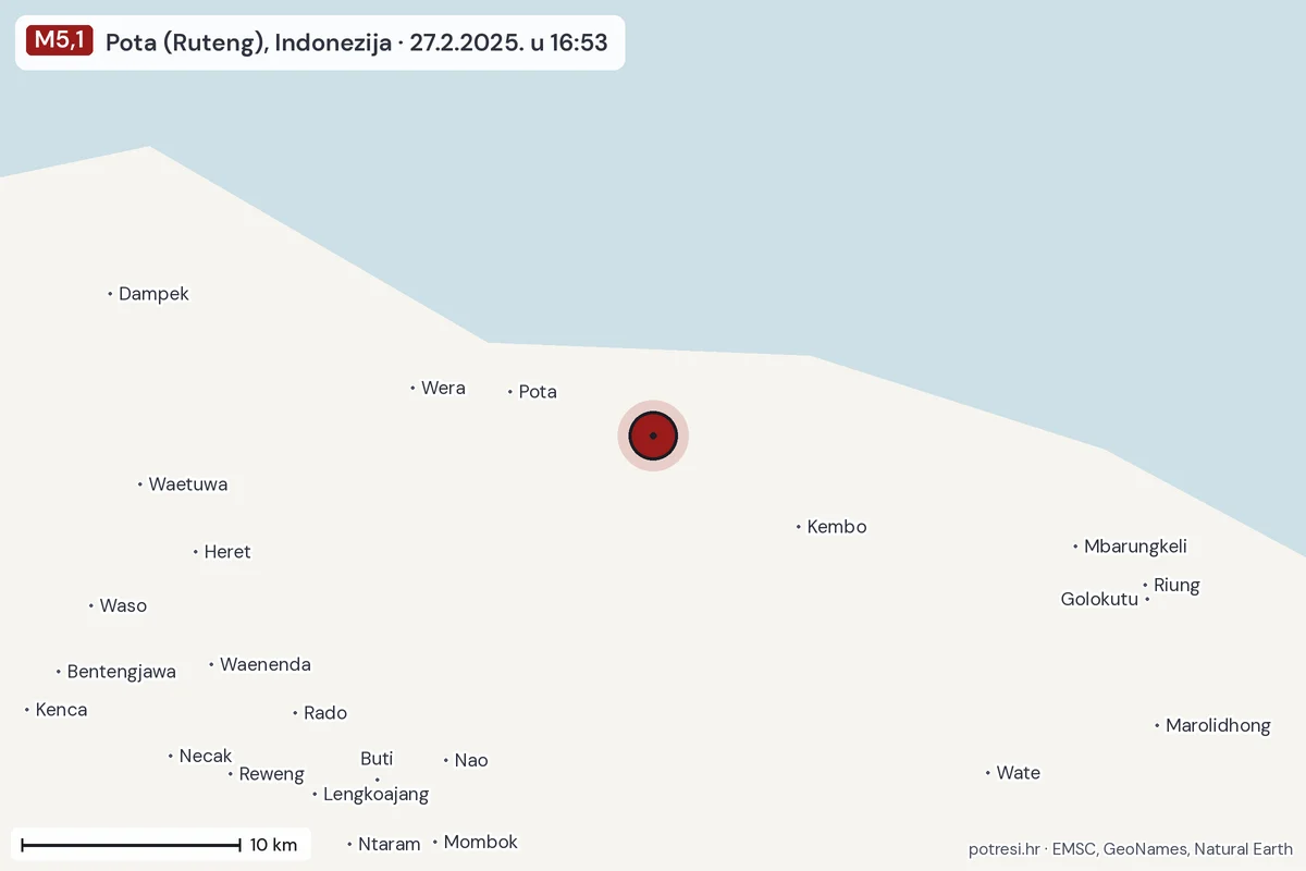 Karta: okolica epicentra, 60 km, potres M5,1, Pota (Ruteng), Indonezija, 27.2.2025.