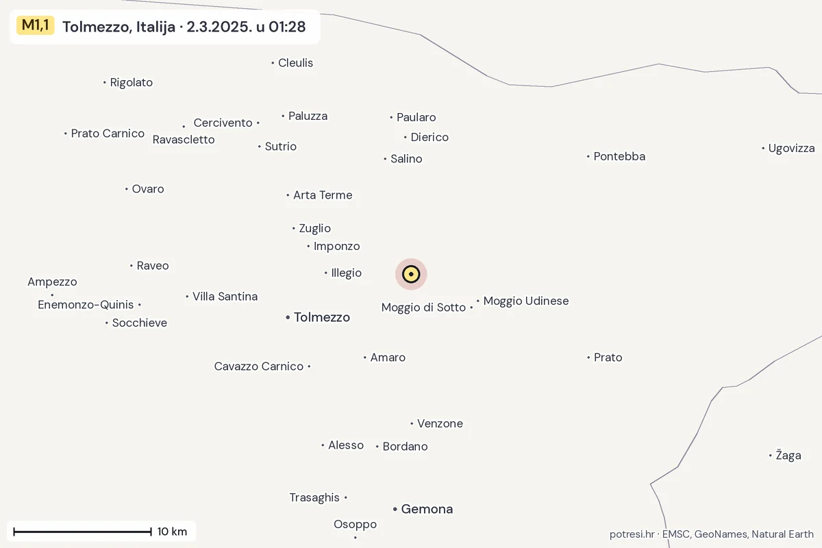Karta: okolica epicentra, 60 km, potres M1,1, Tolmezzo, Italija, 2.3.2025.