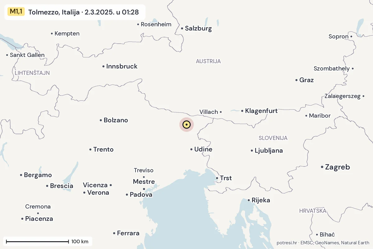 Karta: šire područje, 600 km, potres M1,1, Tolmezzo, Italija, 2.3.2025.