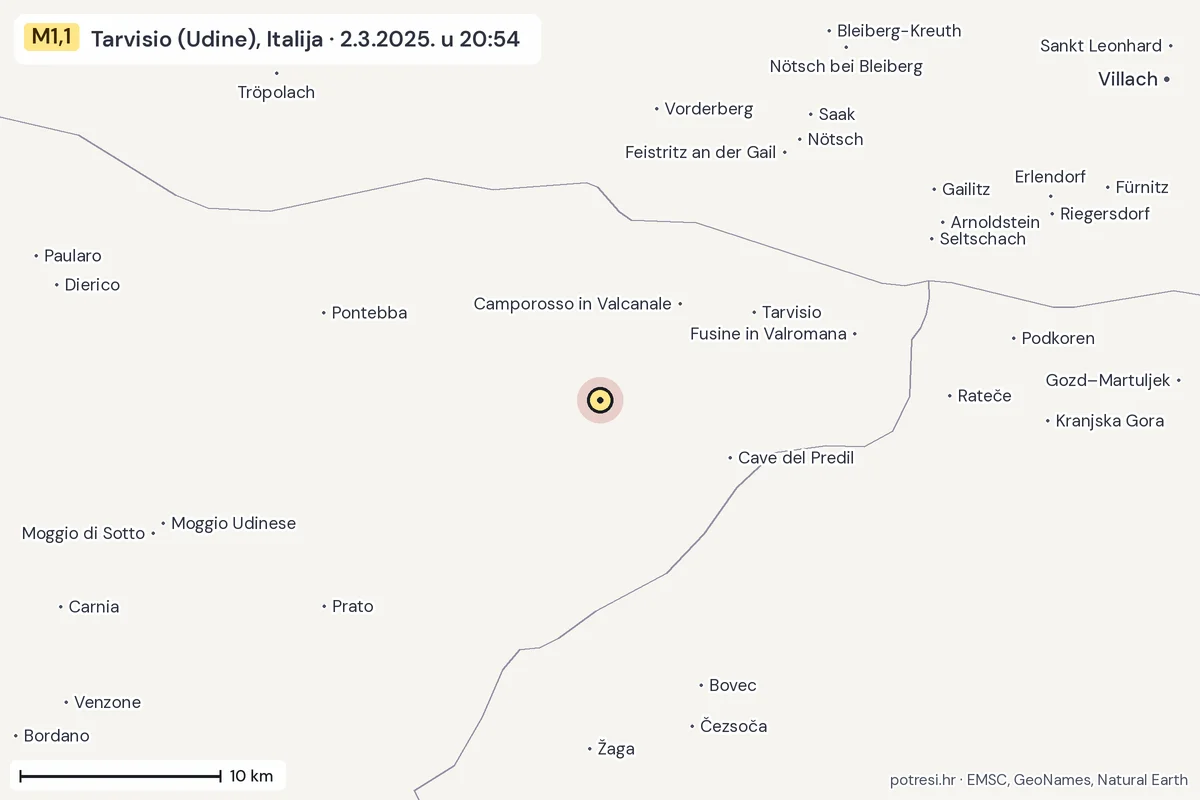 Karta: okolica epicentra, 60 km, potres M1,1, Tarvisio (Udine), Italija, 2.3.2025.