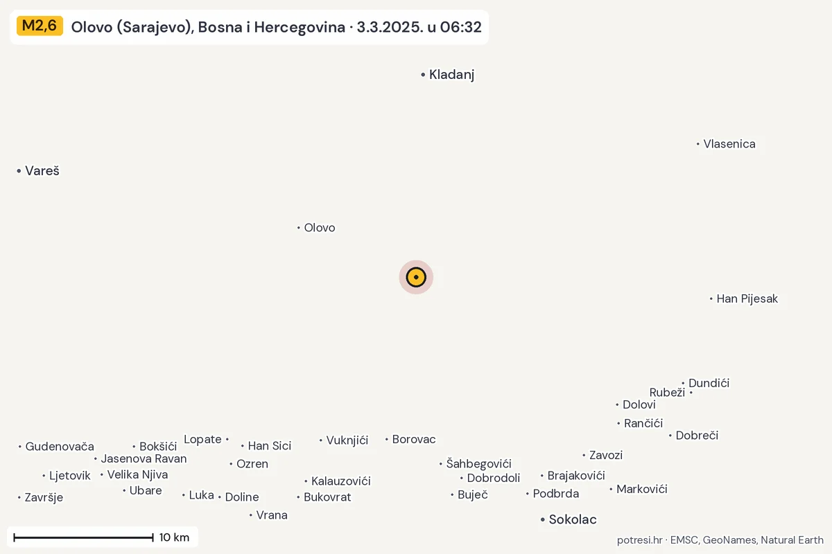 Karta: okolica epicentra, 60 km, potres M2,6, Olovo (Sarajevo), Bosna i Hercegovina, 3.3.2025.