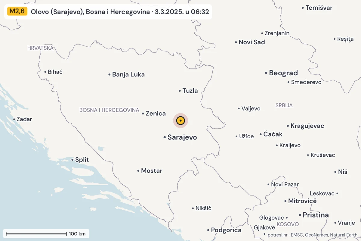 Karta: šire područje, 600 km, potres M2,6, Olovo (Sarajevo), Bosna i Hercegovina, 3.3.2025.