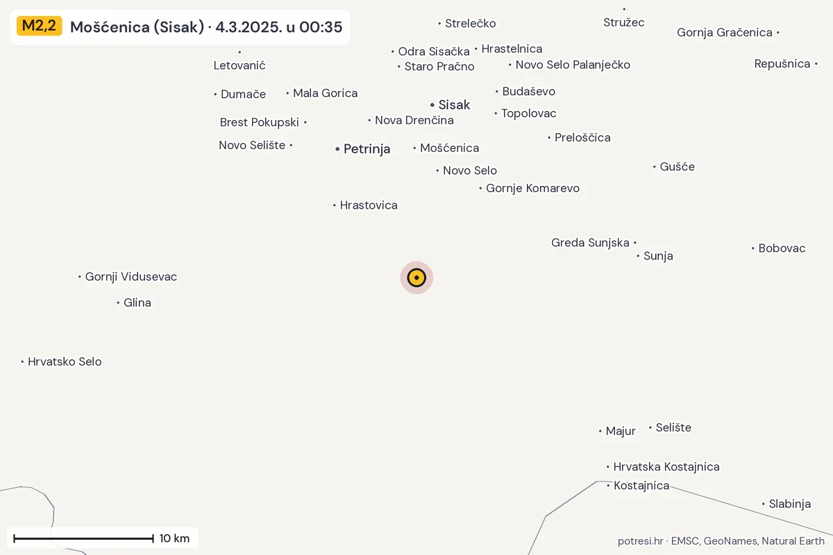 Karta: okolica epicentra, 60 km, potres M2,2, Mošćenica (Sisak), 4.3.2025.