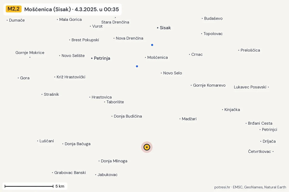 Karta: izvješća građana, potres M2,2, Mošćenica (Sisak), 4.3.2025.