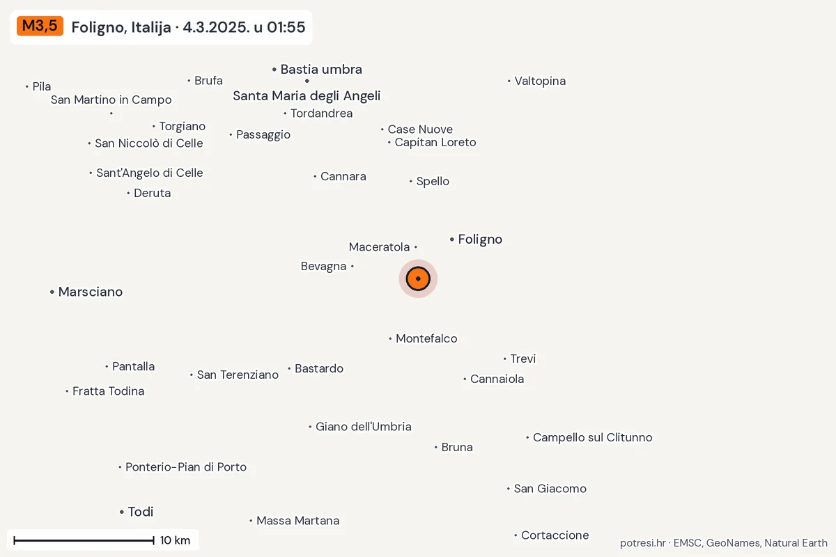 Karta: okolica epicentra, 60 km, potres M3,5, Foligno, Italija, 4.3.2025.