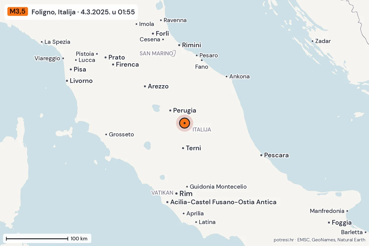 Karta: šire područje, 600 km, potres M3,5, Foligno, Italija, 4.3.2025.