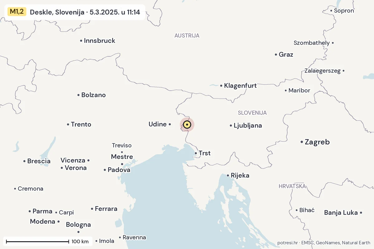 Karta: šire područje, 600 km, potres M1,2, Deskle, Slovenija, 5.3.2025.