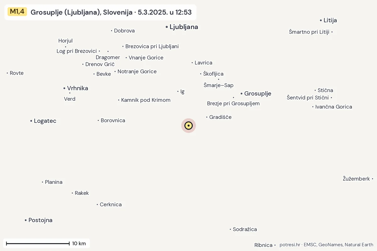 Karta: okolica epicentra, 60 km, potres M1,4, Grosuplje (Ljubljana), Slovenija, 5.3.2025.