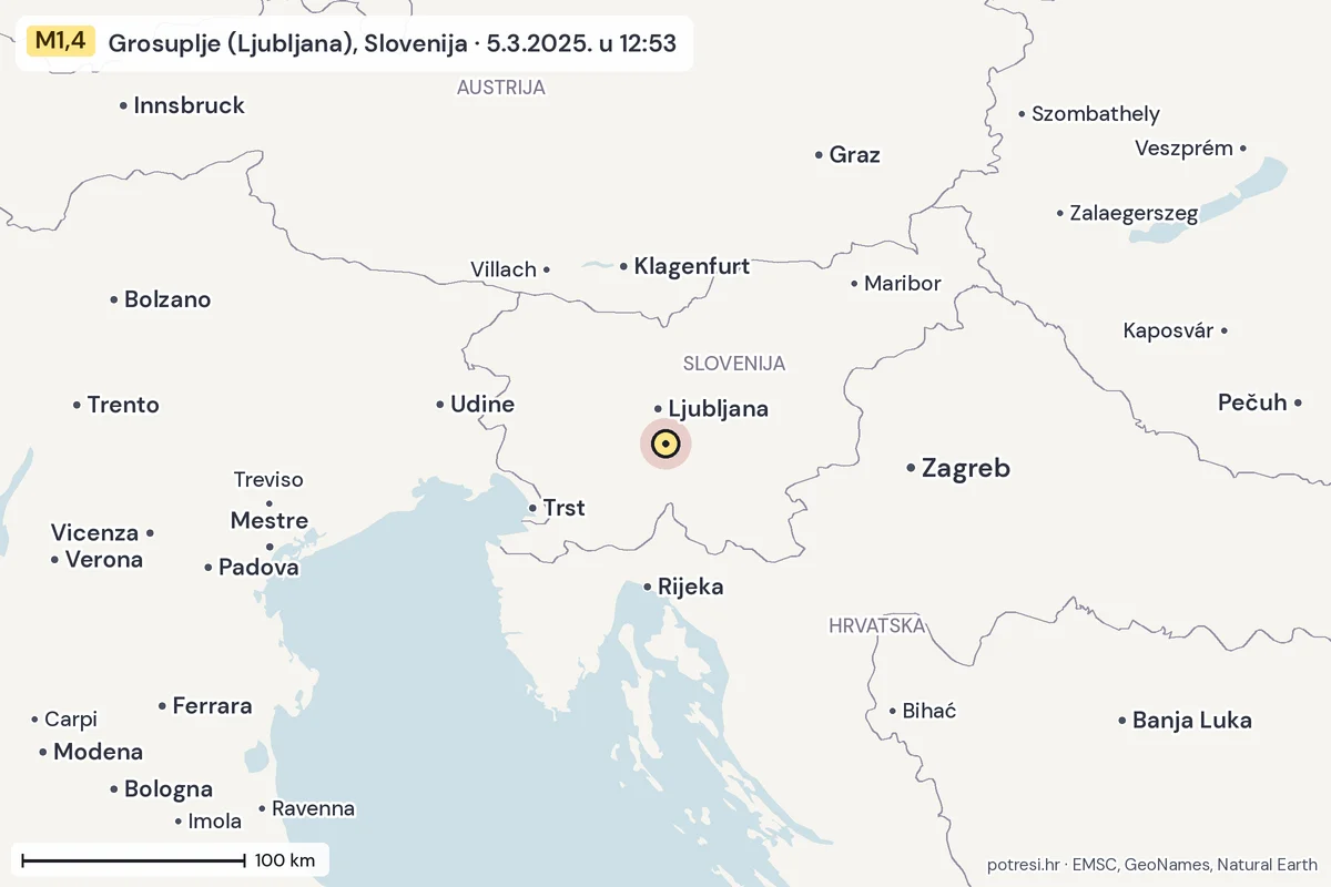 Karta: šire područje, 600 km, potres M1,4, Grosuplje (Ljubljana), Slovenija, 5.3.2025.