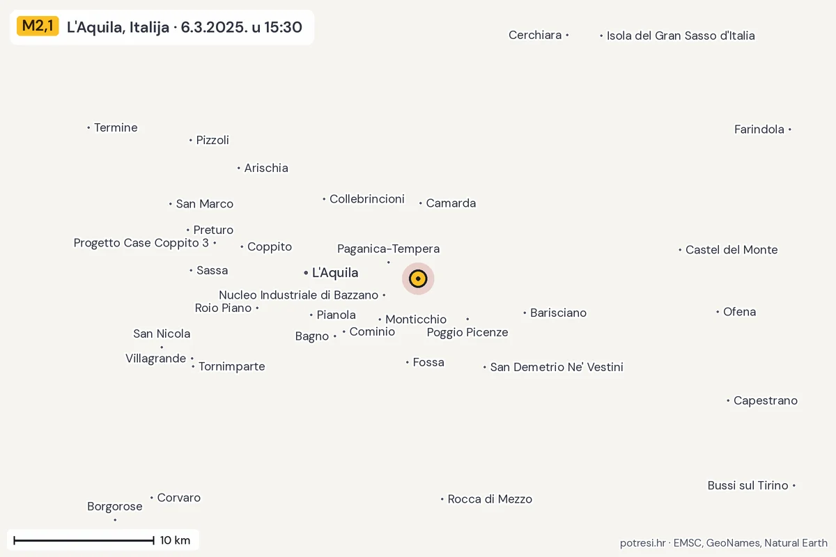 Karta: okolica epicentra, 60 km, potres M2,1, L'Aquila, Italija, 6.3.2025.