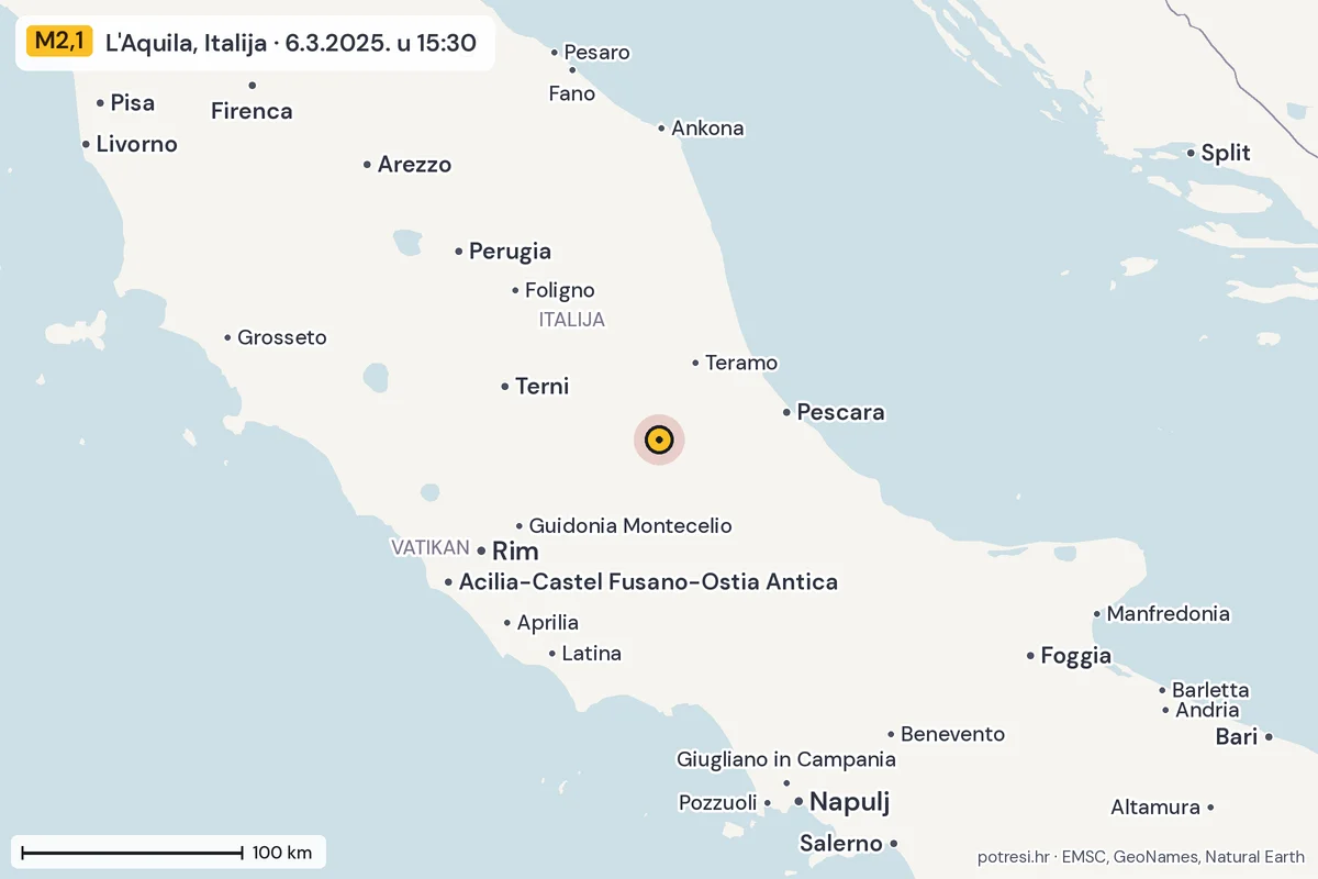 Karta: šire područje, 600 km, potres M2,1, L'Aquila, Italija, 6.3.2025.