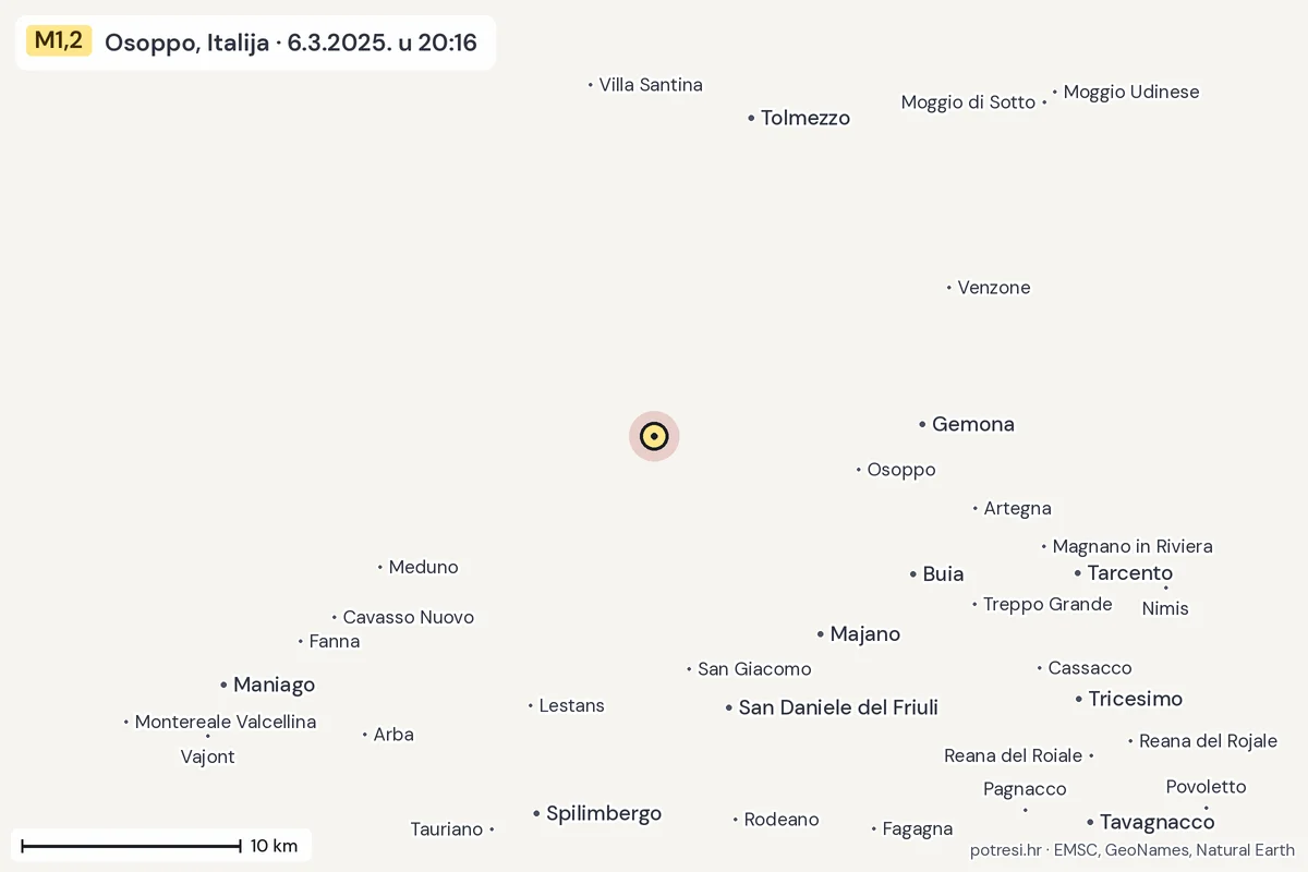 Karta: okolica epicentra, 60 km, potres M1,2, Osoppo, Italija, 6.3.2025.