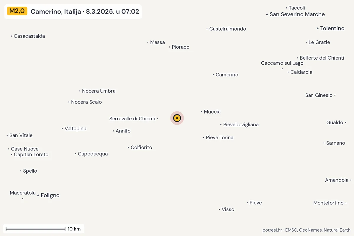 Karta: okolica epicentra, 60 km, potres M2,0, Camerino, Italija, 8.3.2025.