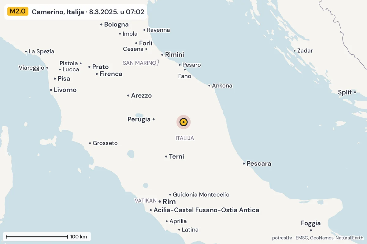 Karta: šire područje, 600 km, potres M2,0, Camerino, Italija, 8.3.2025.