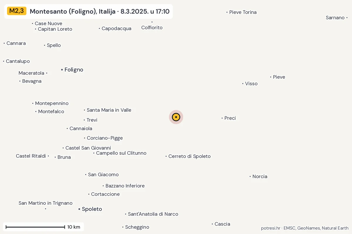 Karta: okolica epicentra, 60 km, potres M2,3, Montesanto (Foligno), Italija, 8.3.2025.