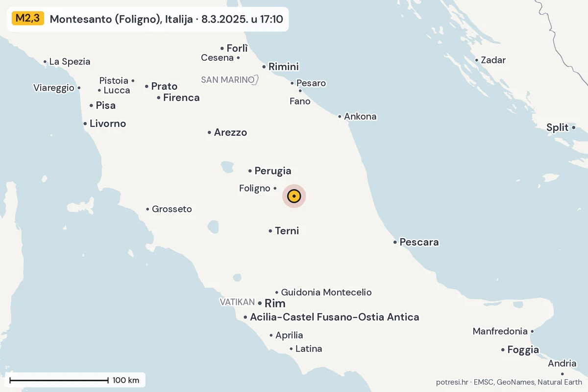Karta: šire područje, 600 km, potres M2,3, Montesanto (Foligno), Italija, 8.3.2025.